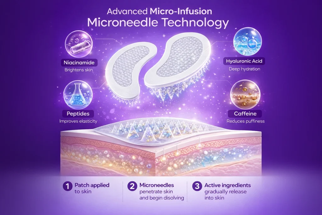 microneedle under eye patch delivering skincare ingredients through dissolving microneedles