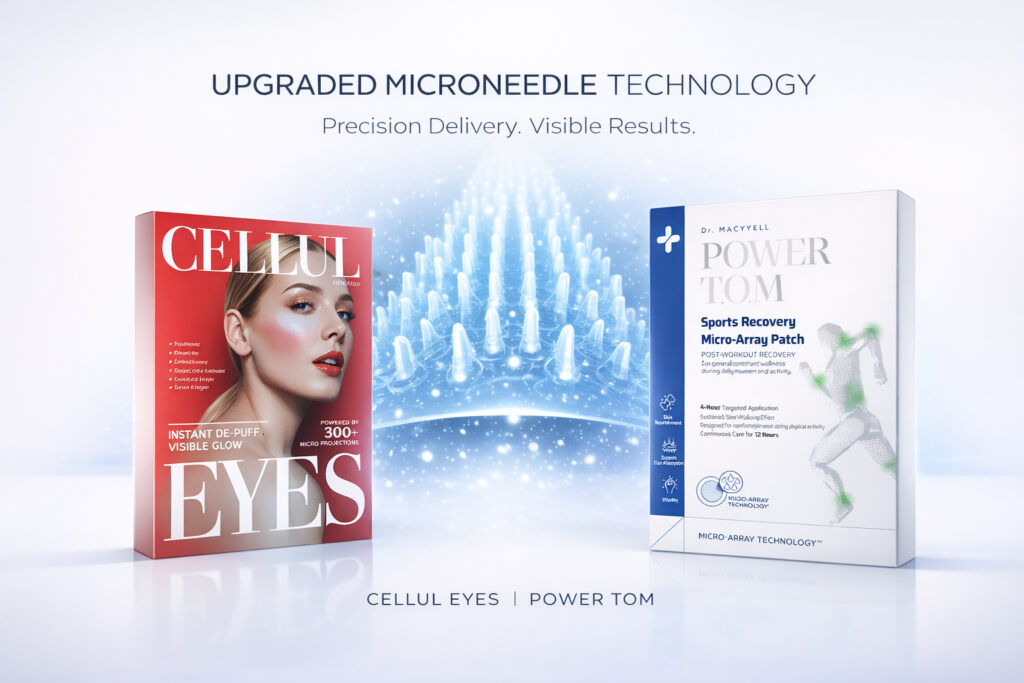 upgraded microneedle patch technology cellul eyes and power tom product packaging