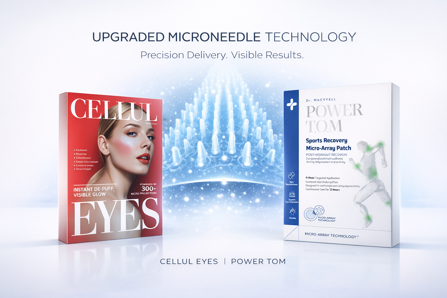 upgraded microneedle patch technology cellul eyes and power tom product packaging